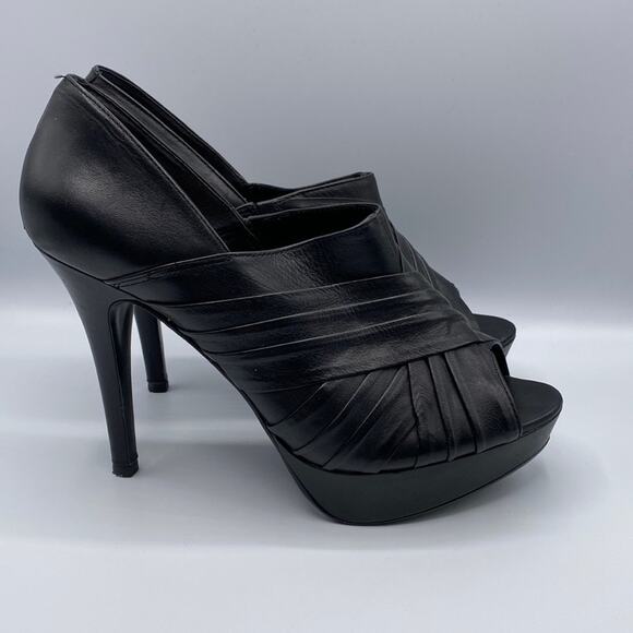 Schutz Women Black Leather Pleated Peep Toe Stiletto Platform Heeled Booties 10B - Picture 2 of 9